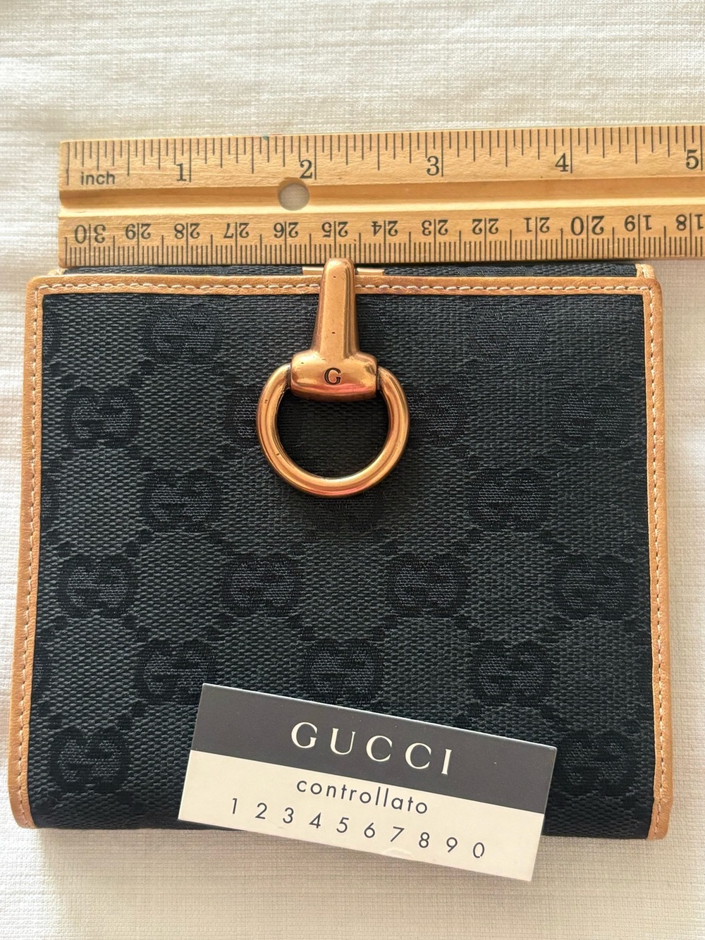 Authentic GUCCI Hiorsebit GG logo Wallet Black Monogram Canvas Leather Trim